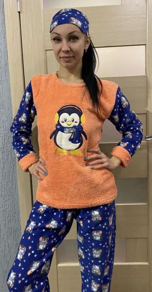 Пижама женская флиссовая тёплая, вышитый пингвин , Турция супер качество   