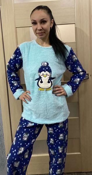 Женская пижама флиссовая тёплая, вышитый пингвин , Турция супер качество  