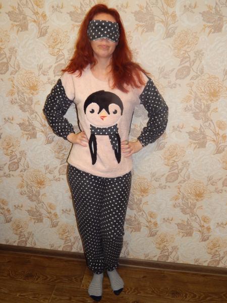 Мягкая зимняя пижама турецкая женская флисс с маской для сна , яркая женская пижама с пингвином